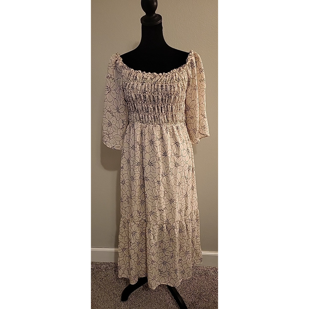 Chenault Womens Coquette Milkmaid Ivory Floral Maxi Dress Open Back Fairy MED